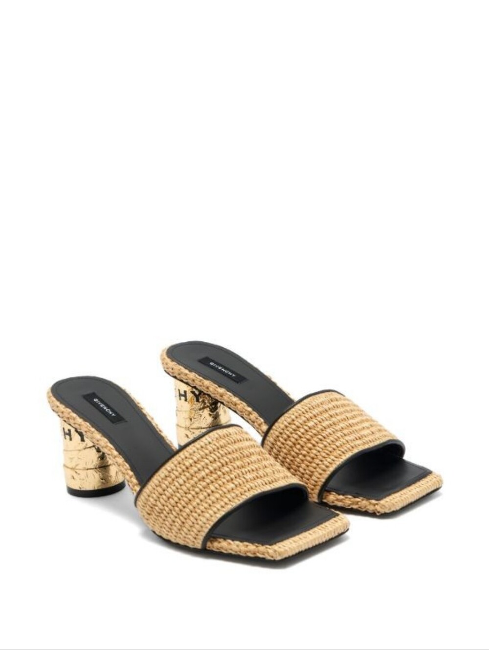 GIVENCHY - Tan Raffia Slide Mules with Gold Block Heel